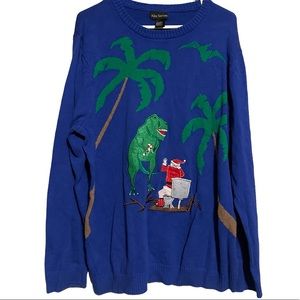 Blue Ugly Funny Christmas Sweater Santa Pooping T-Rex Large Alex Stevens